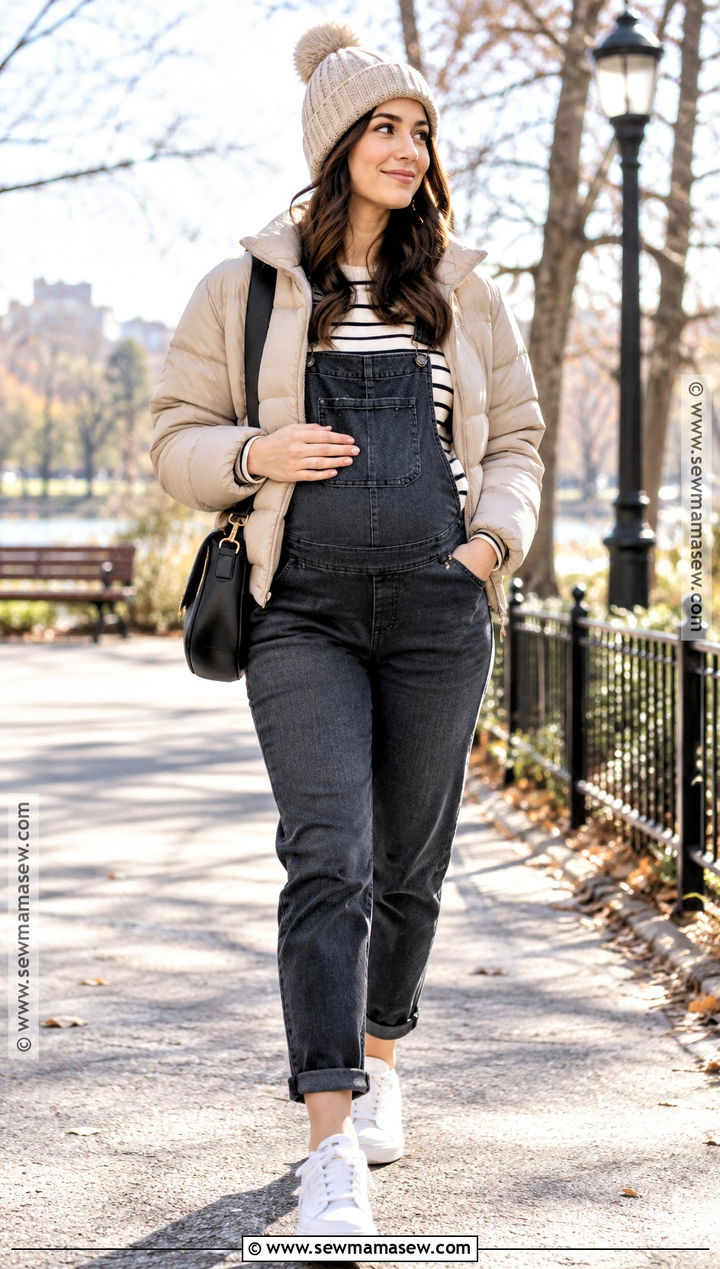 Maternity Overalls With Striped Top And Puffer Jacket - 15 maternity outfits autumn winter
