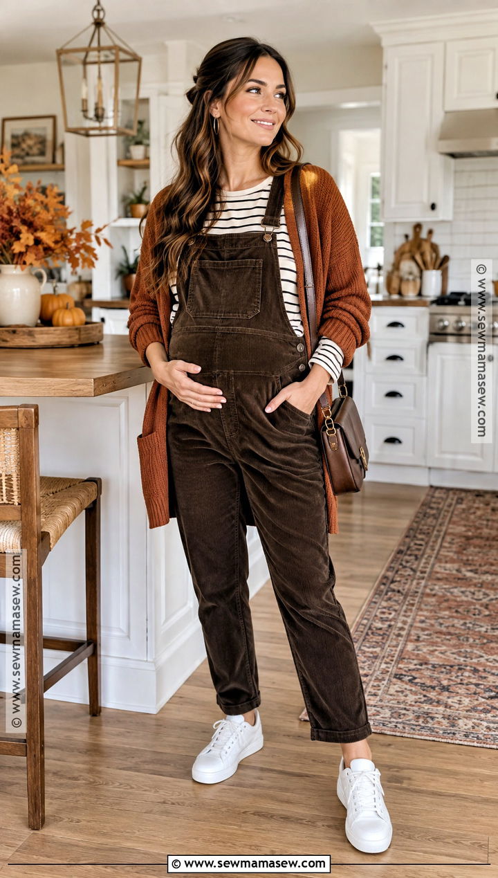 Maternity Overalls With Striped Top And Sneakers - 15 maternity outfits thanksgiving