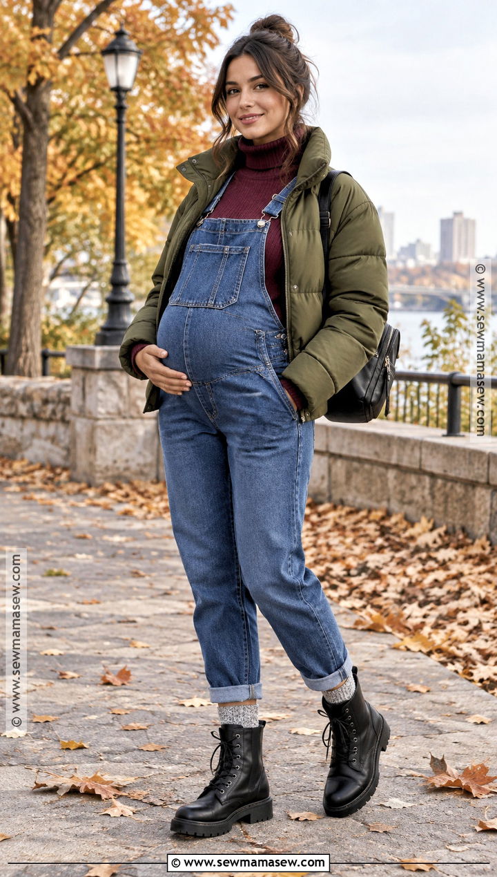 Maternity Overalls With Turtleneck And Combat Boots - 20 fall and winter maternity outfits