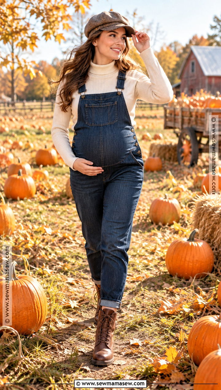 Maternity Overalls With Turtleneck And Newsboy Cap - 15 fall maternity photos with hat ideas