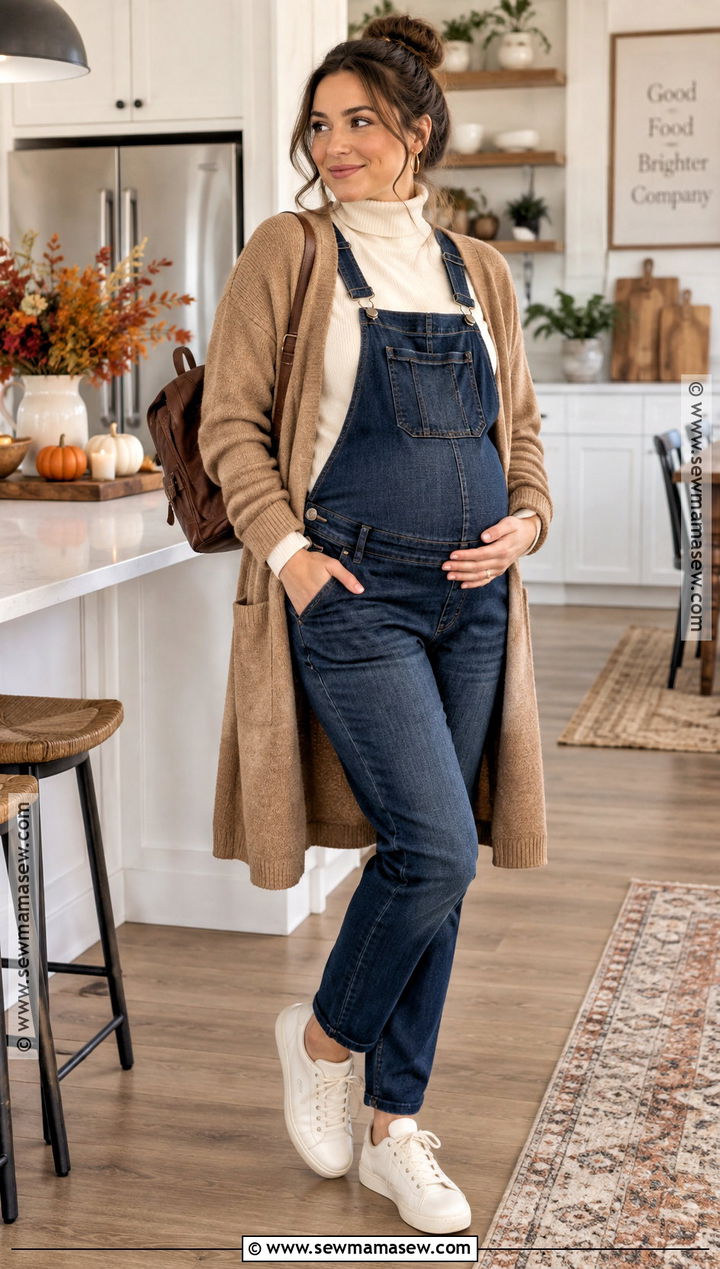 Maternity Overalls With Turtleneck And Sneakers - 20 thanksgiving outfit maternity ideas