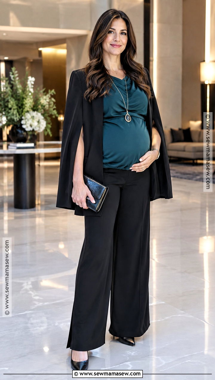 Maternity Palazzo Pants and Draped Blouse Outfit - 15 dressy maternity outfits fall