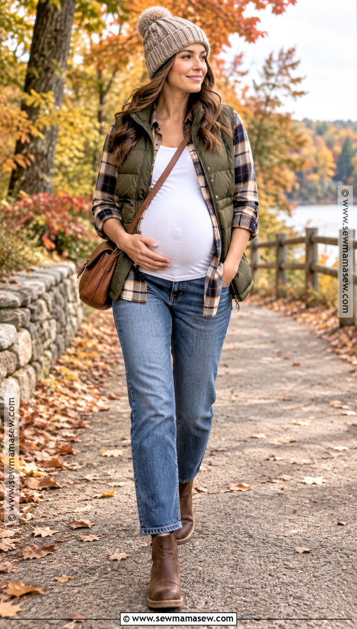 Maternity Plaid Shirt With Jeans And Puffer Vest - 15 pregnancy capsule wardrobe fall winter ideas
