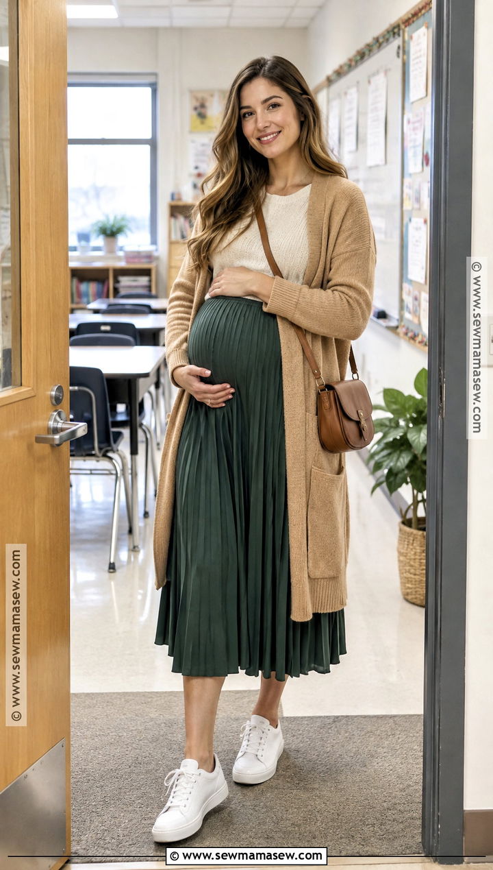 Maternity Pleated Skirt With Sweater And Sneakers - 15 pregnant teacher outfits fall