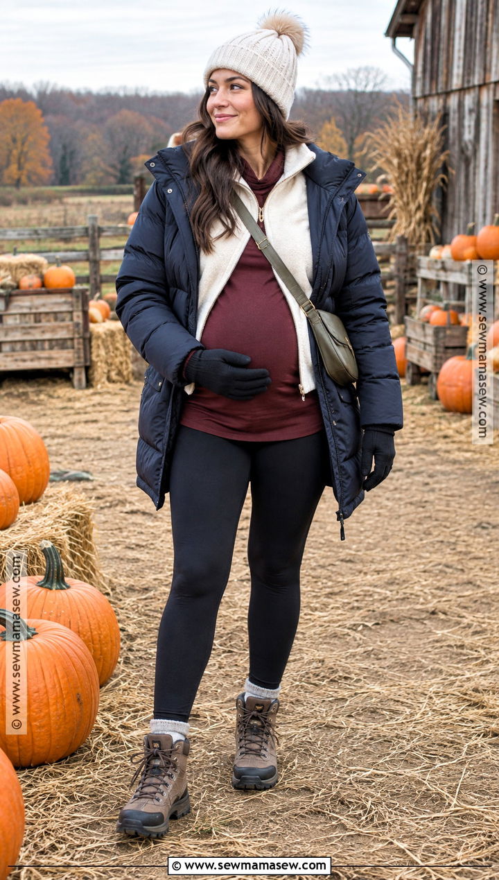 Maternity Puffer Coat With Leggings And Hiking Boots - 20 Pumpkin Patch Outfit Pregnant Ideas