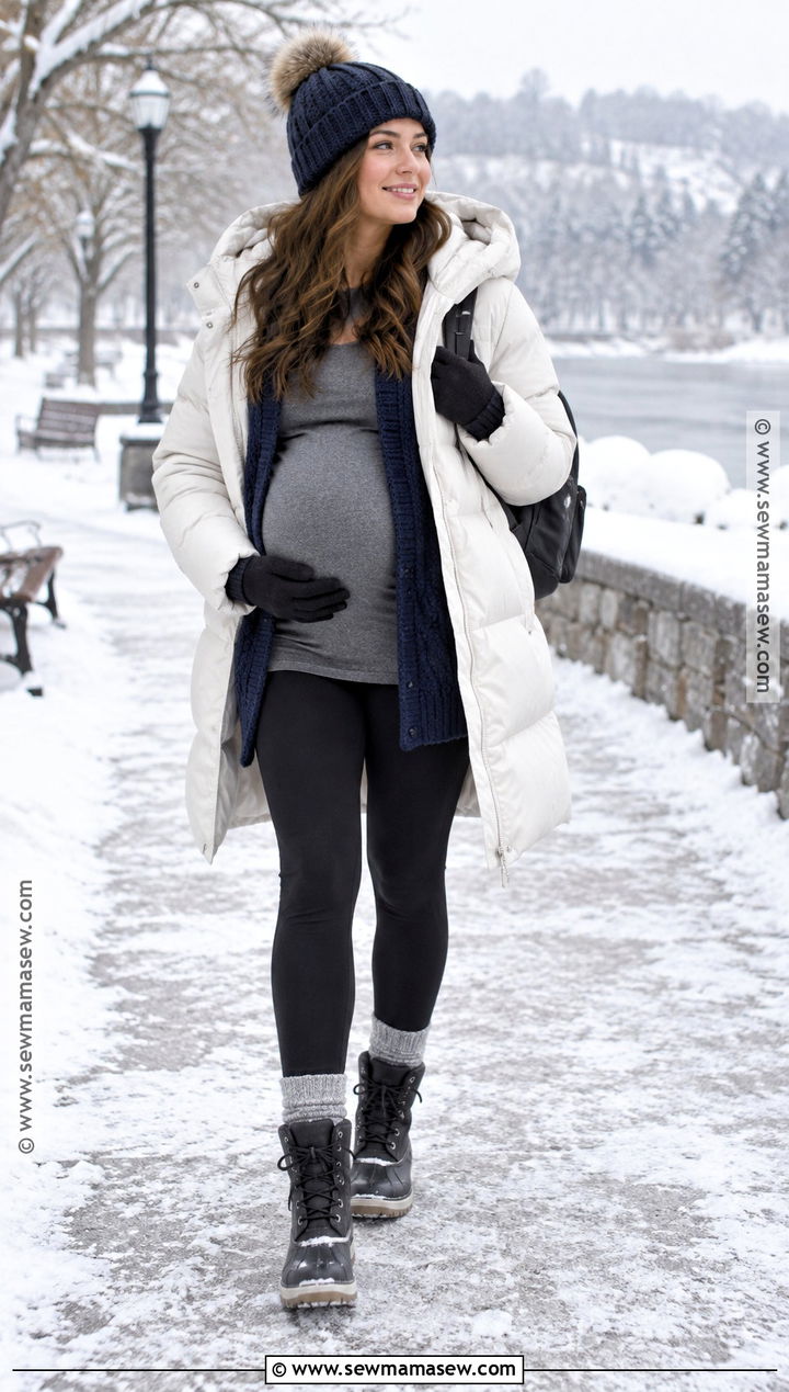 Maternity Puffer Coat With Leggings And Winter Boots - 20 Pregnancy Outfits Autumn Winter