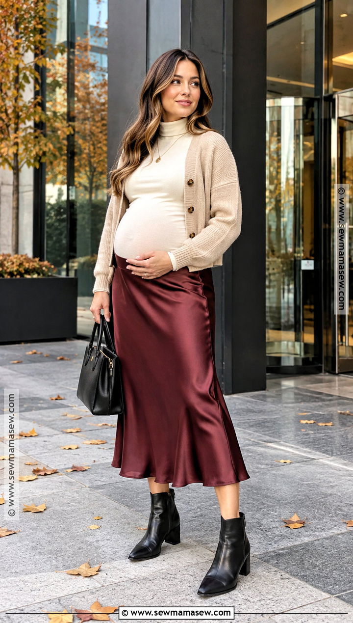 Maternity Satin Skirt With a Fitted Turtleneck - 15 fall 2026 maternity fashion ideas