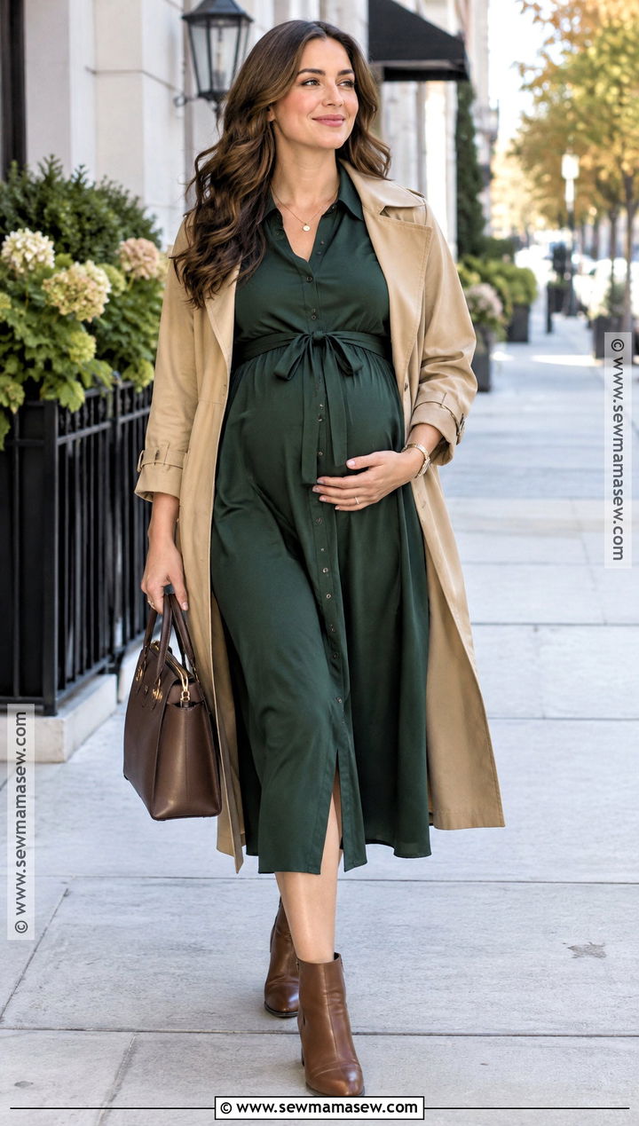 Maternity Shirt Dress With Trench Coat And Boots - 15 fall outfit for pregnant ideas for women