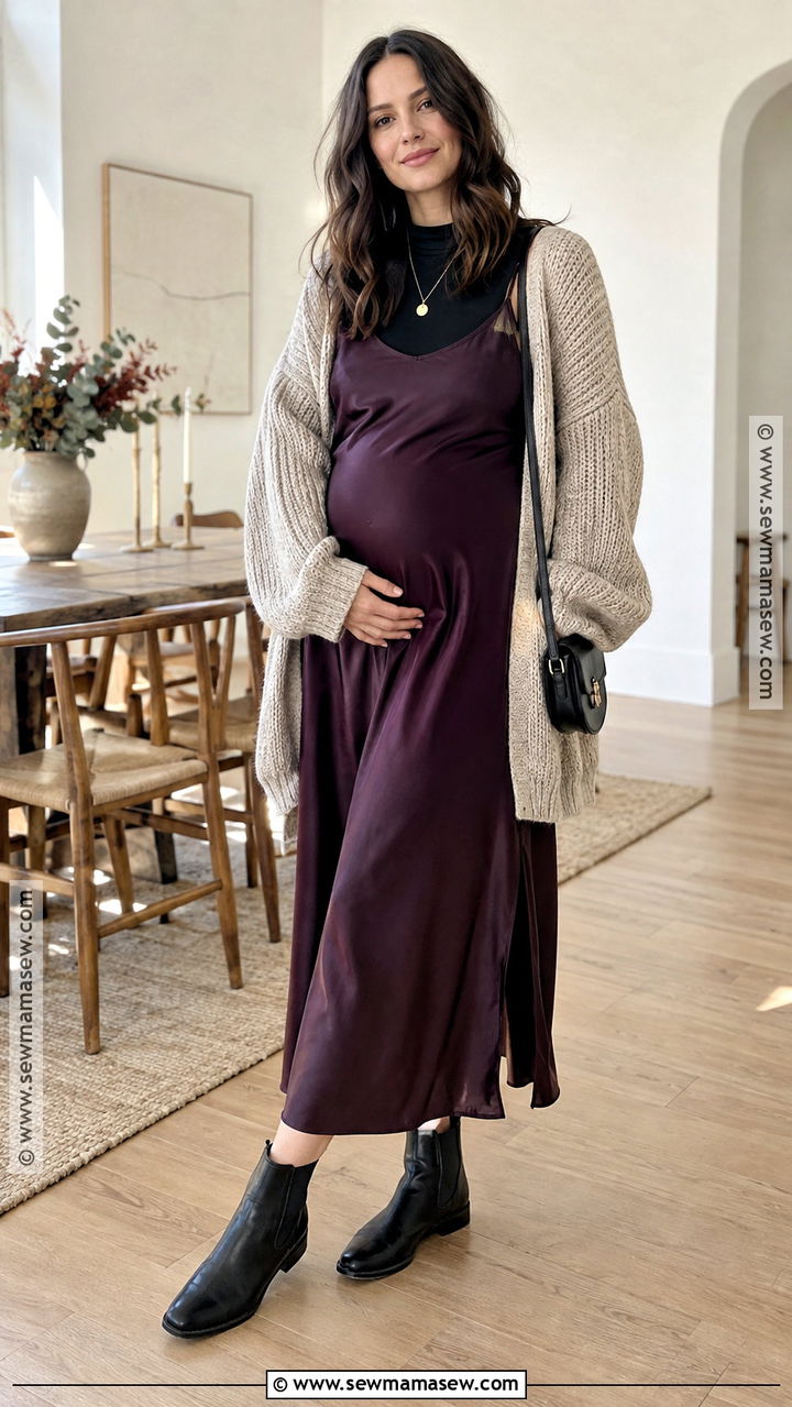 Maternity Slip Dress With A Chunky Cardigan - 20 pregnancy fall fashion ideas