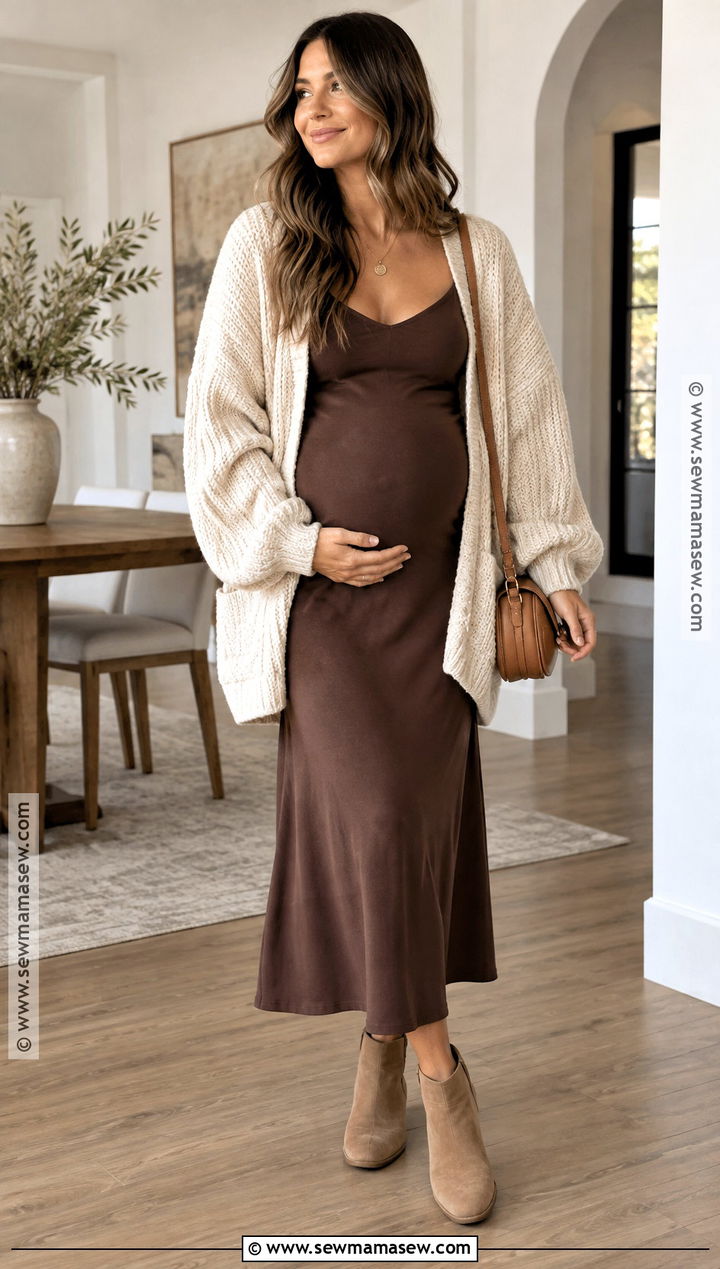 Maternity Slip Dress With Chunky Cardigan - 25 maternity outfits fall