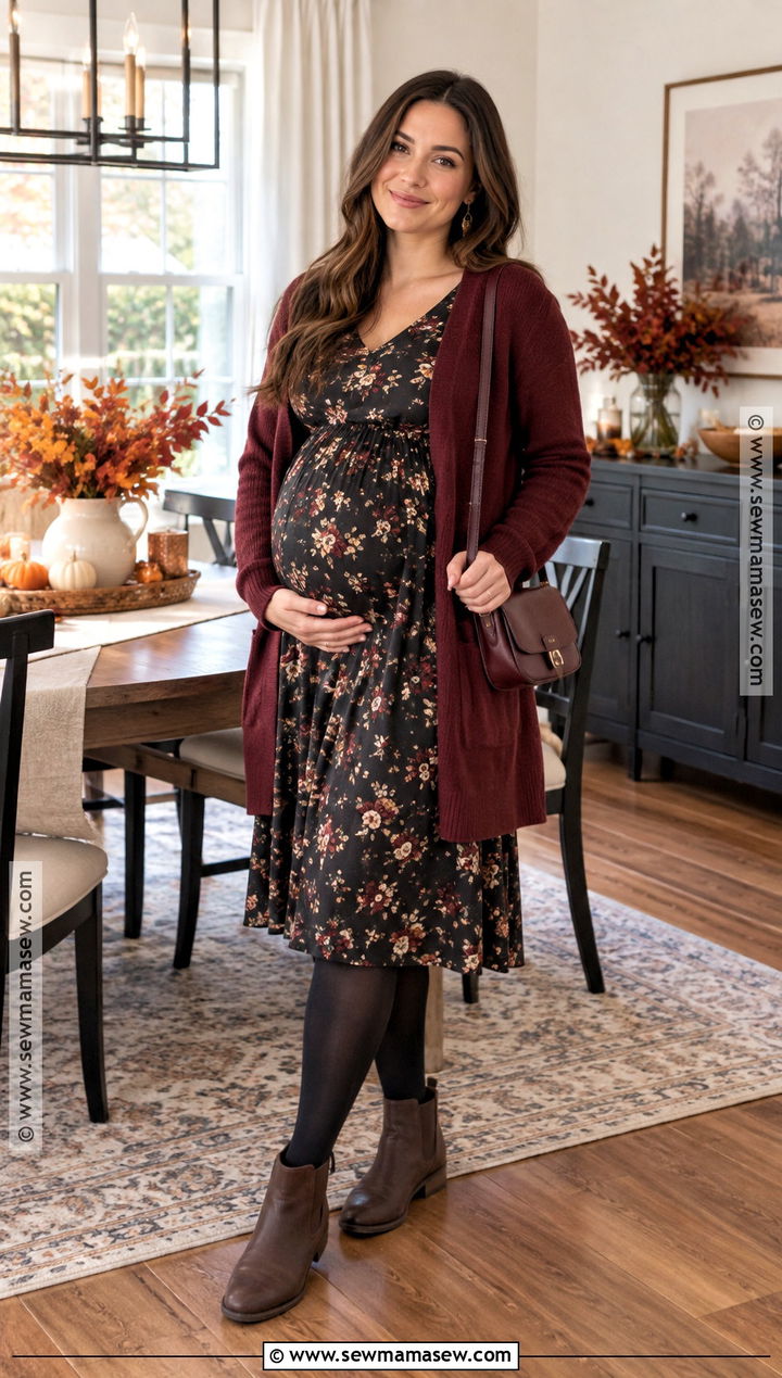 Maternity Thanksgiving Floral Dress And Cardigan Outfit - 25 maternity thanksgiving outfit ideas