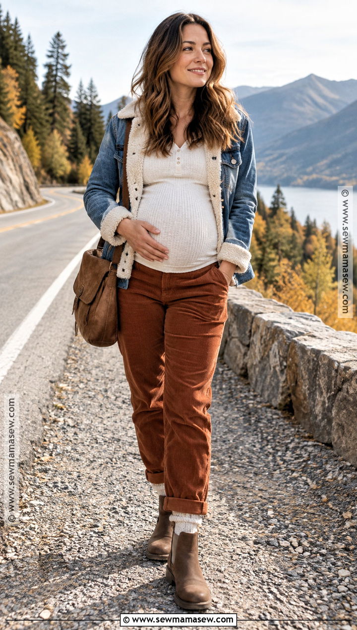 Maternity Thermal Top With Corduroy Pants And Boots - 20 Pregnancy Outfits Autumn Winter