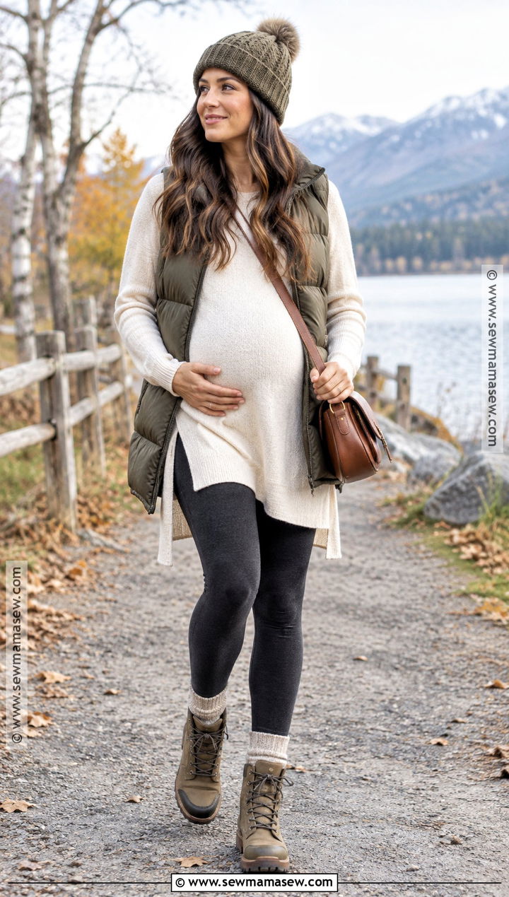 Maternity Tunic And Leggings With Puffer Vest - 20 fall pregnancy outfits casual