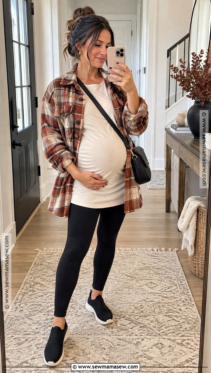 Maternity Tunic With Leggings And Shacket Outfit - 15 fall third trimester outfits