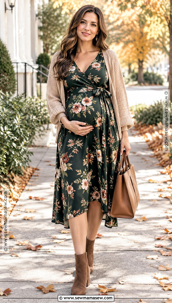 Maternity Wrap Dress With Ankle Boots - 15 Fall Transition Pregnancy Outfits
