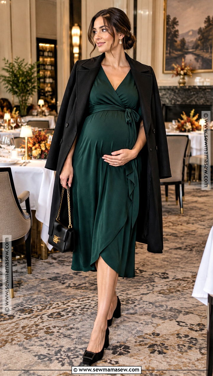 Maternity Wrap Dress With Block Heels - 20 thanksgiving outfit maternity ideas