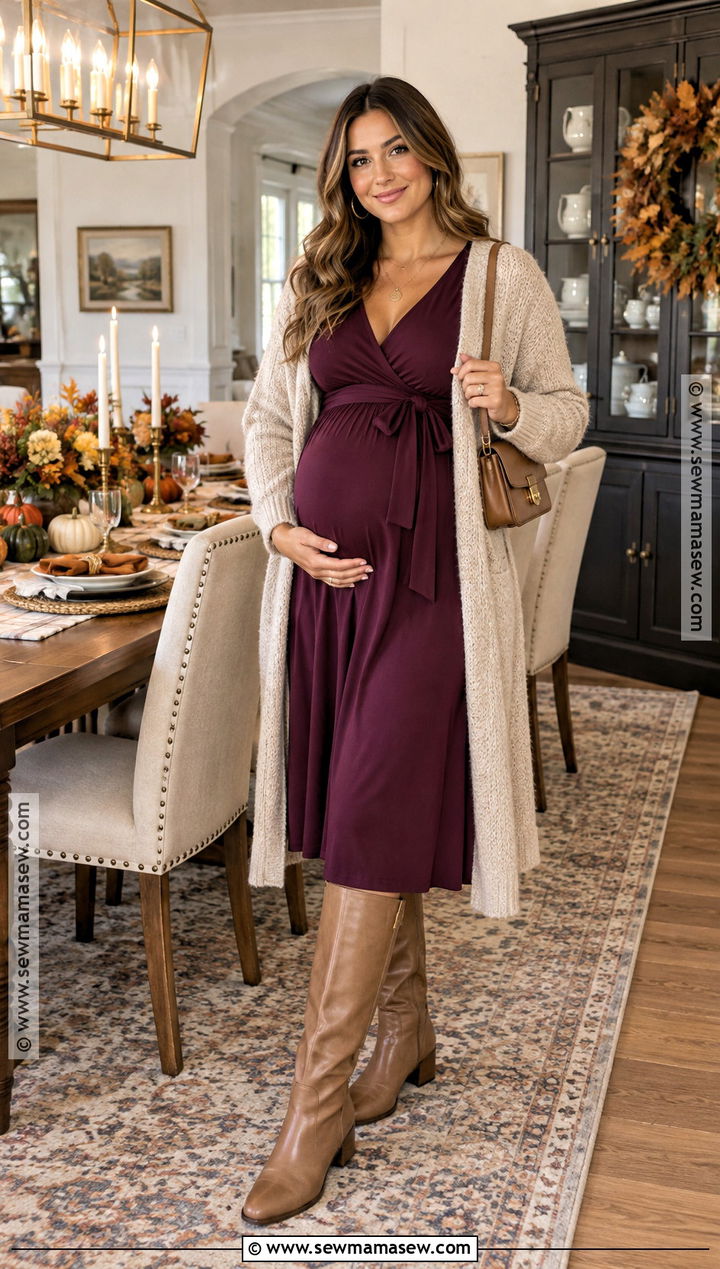 Maternity Wrap Dress With Knee High Boots - 15 maternity outfits thanksgiving
