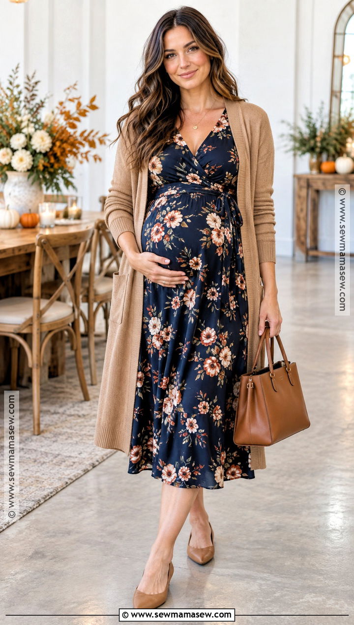 Maternity Wrap Dress With Long Cardigan And Flats - 15 Chic Fall Pregnancy Outfits