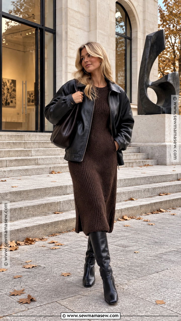 Matilda Djerf Midi Dress And Leather Jacket Outfit - 20 matilda djerf style fall ideas