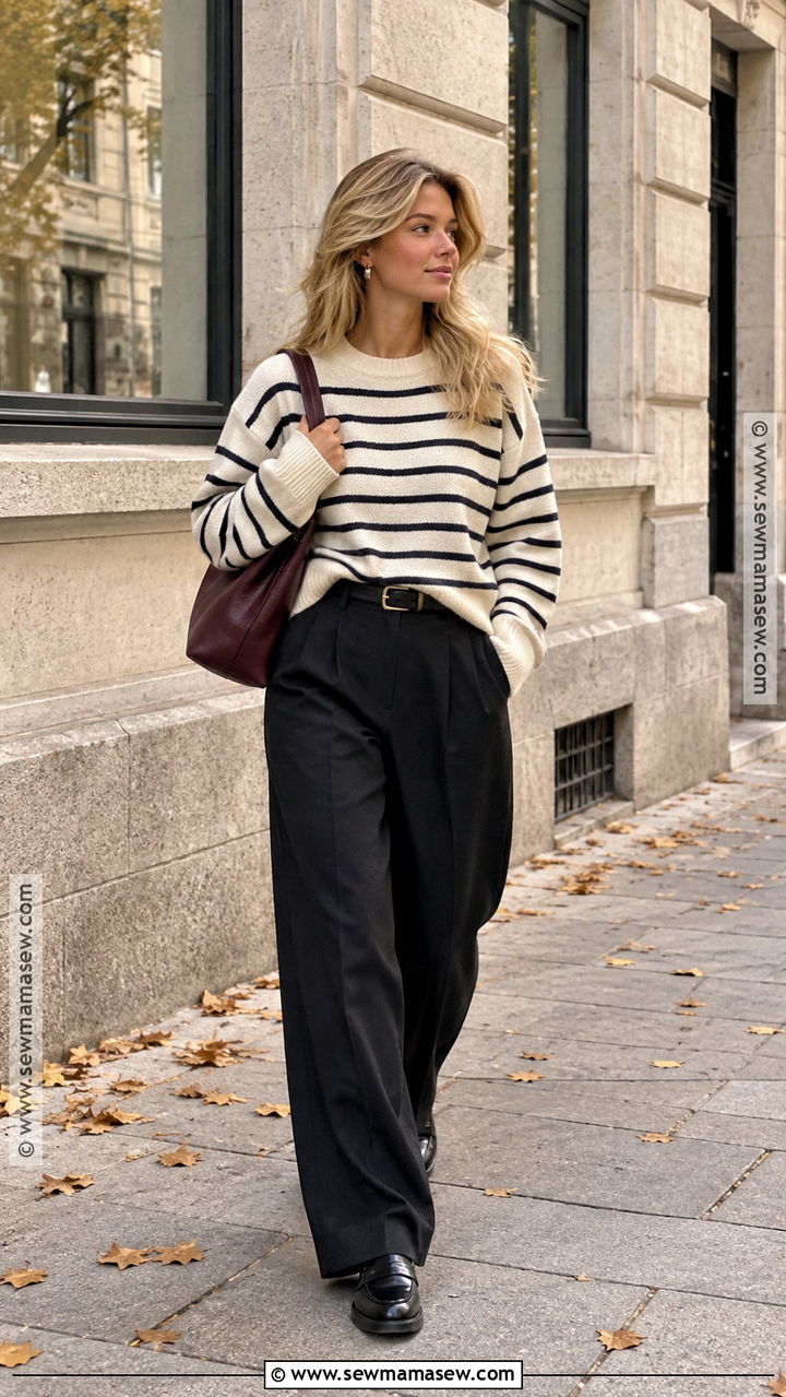 Matilda Djerf Striped Sweater And Black Trousers Outfit - 20 matilda djerf style fall ideas