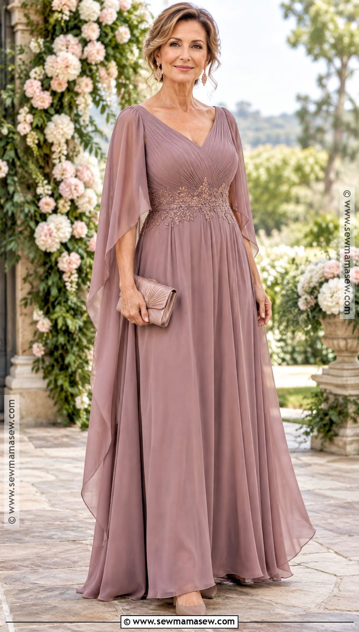 Mauve Cape Sleeve Mother Of The Bride Dress - 15 Fall Mother Of The Bride Dresses Bohemian