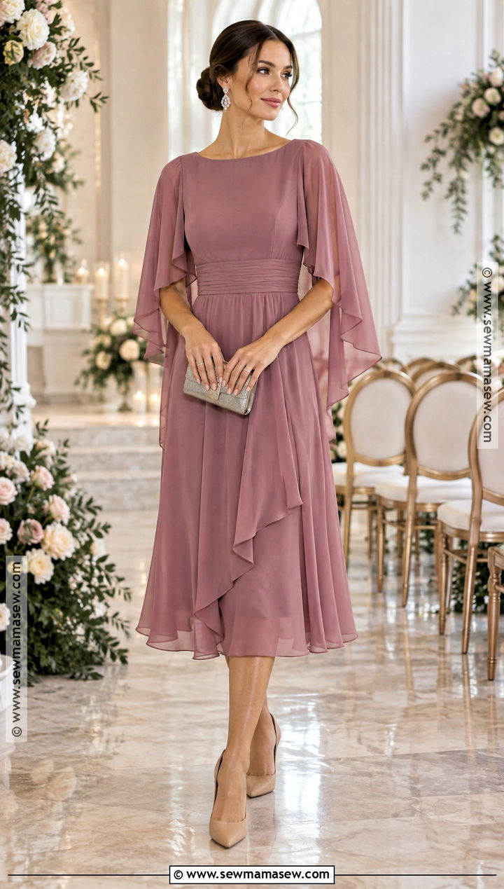 Mauve Cape Sleeve Wedding Guest Dress - 20 early fall wedding guest dress ideas