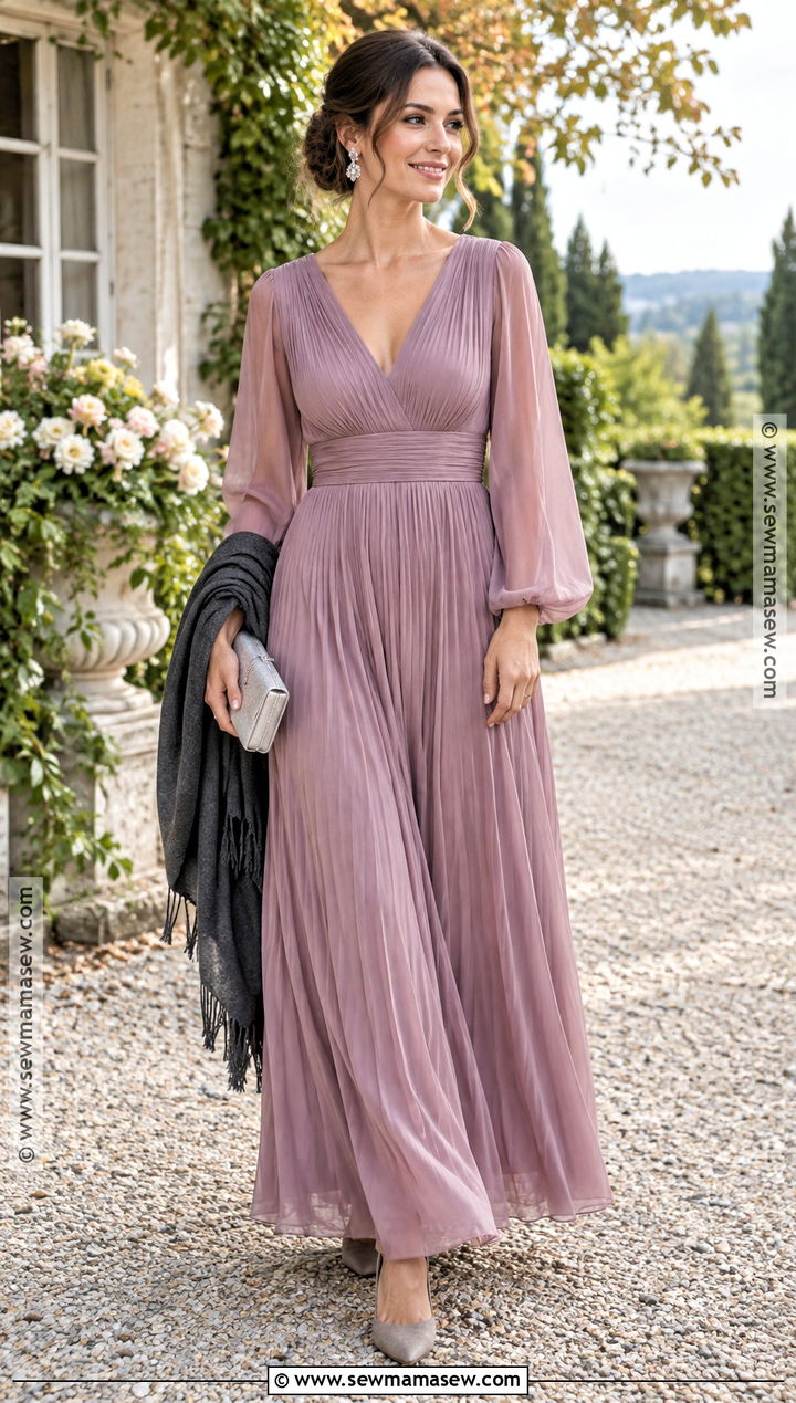 Mauve Chiffon Long Sleeve Wedding Guest Dress - 20 long sleeve wedding guest dress fall ideas