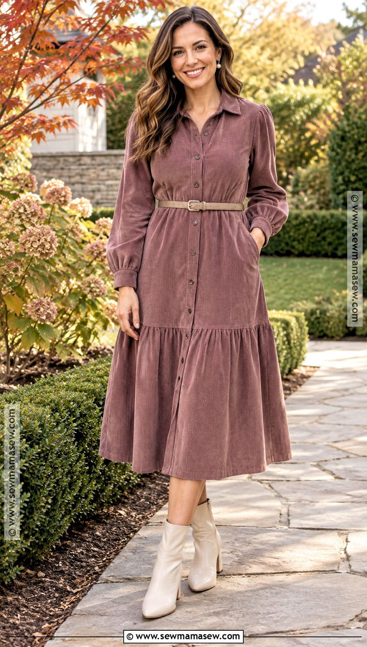 Mauve Corduroy Dress And Cream Boots For Fall Family Photos - 20 Fall Dress For Family Photos Ideas