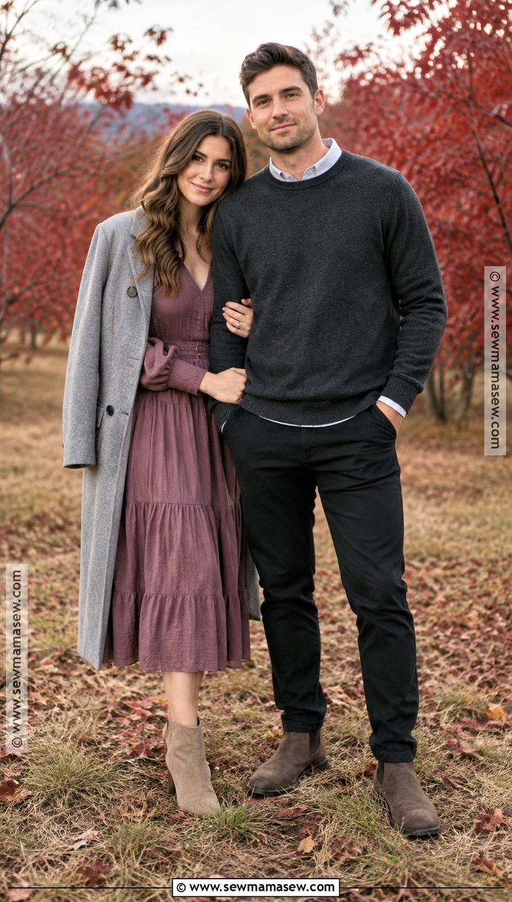 Mauve Dress And Charcoal Sweater Fall Couple Outfit - 25 fall photo shoot outfits for couples