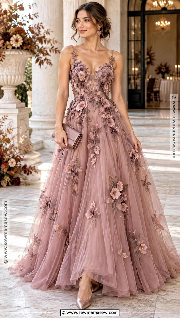 Mauve Floral Applique Autumn Ball Gown - 20 Autumn Ball Gown Ideas