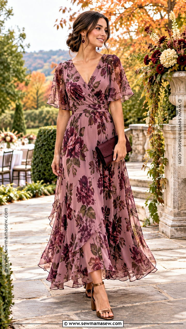 Mauve Floral Chiffon Maxi Dress - 15 purple wedding guest dress fall ideas