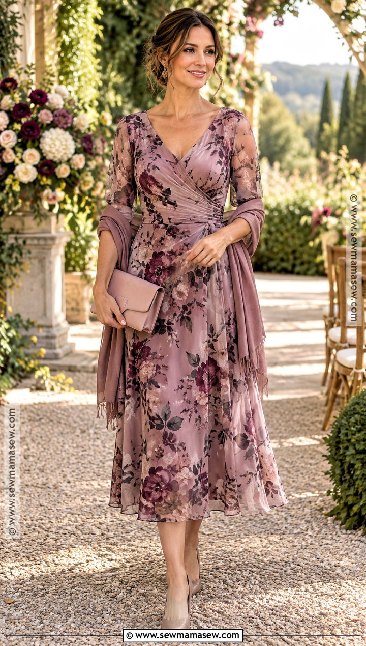 Mauve Floral Midi Mother Of The Bride Dress - 15 Mother Of The Bride Dresses For Fall Wedding