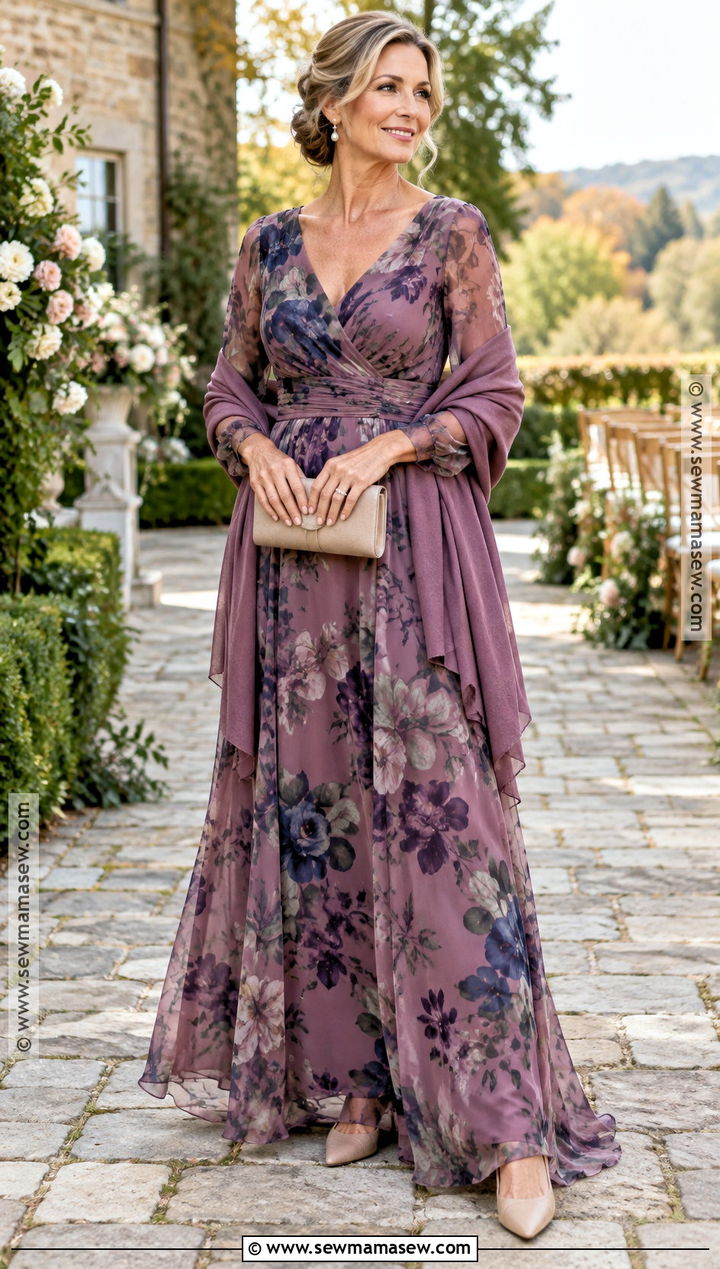 Mauve Floral Mother of the Groom Dress With Neutral Accessories - 20 mother of groom dresses fall