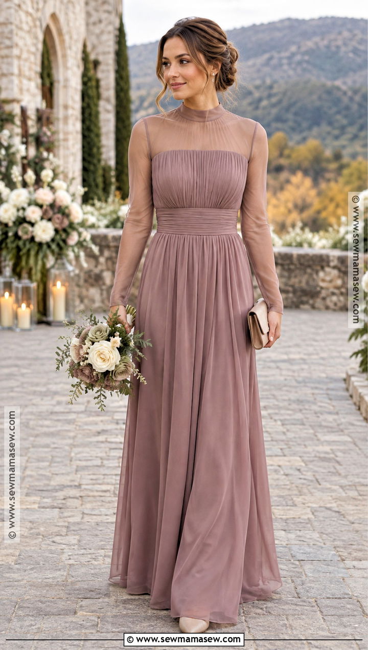 Mauve High Neck Sheer Sleeve Bridesmaid Dress - 15 Fall Bridesmaid Dresses With Sleeves