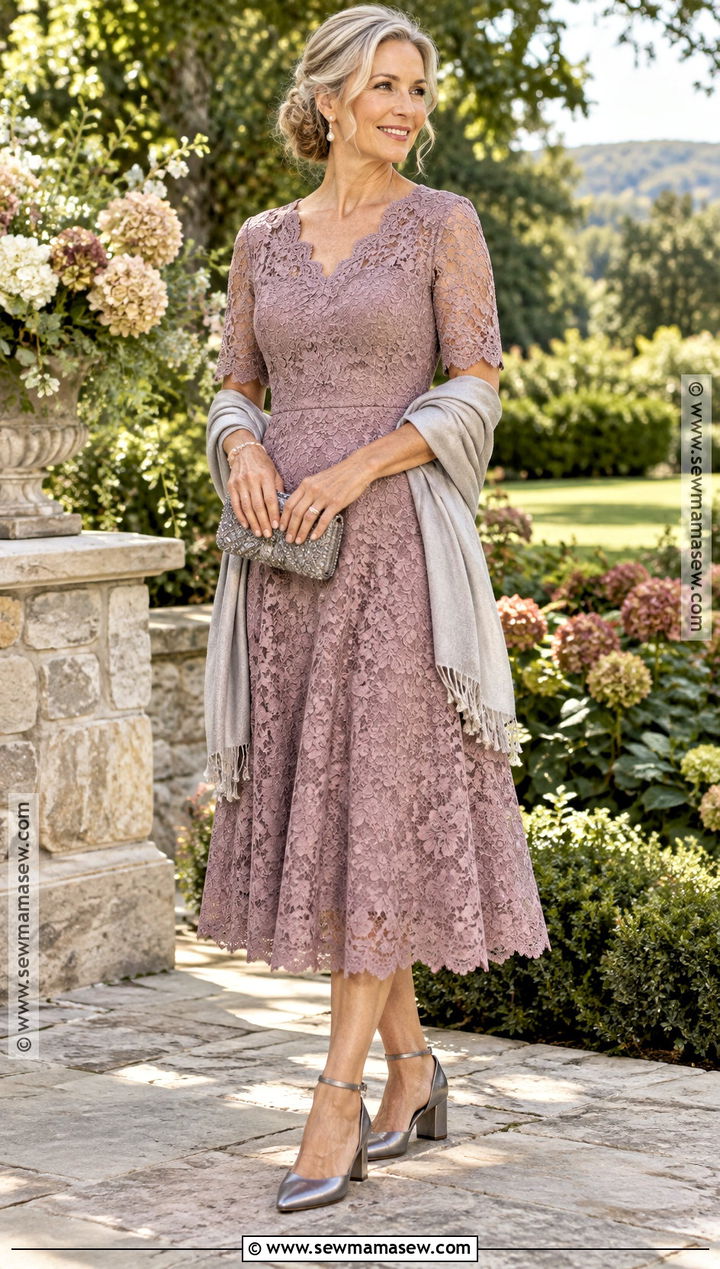 Mauve Lace Mother of the Groom Dress With a Gray Wrap - 20 mother of the groom dresses for fall outdoor