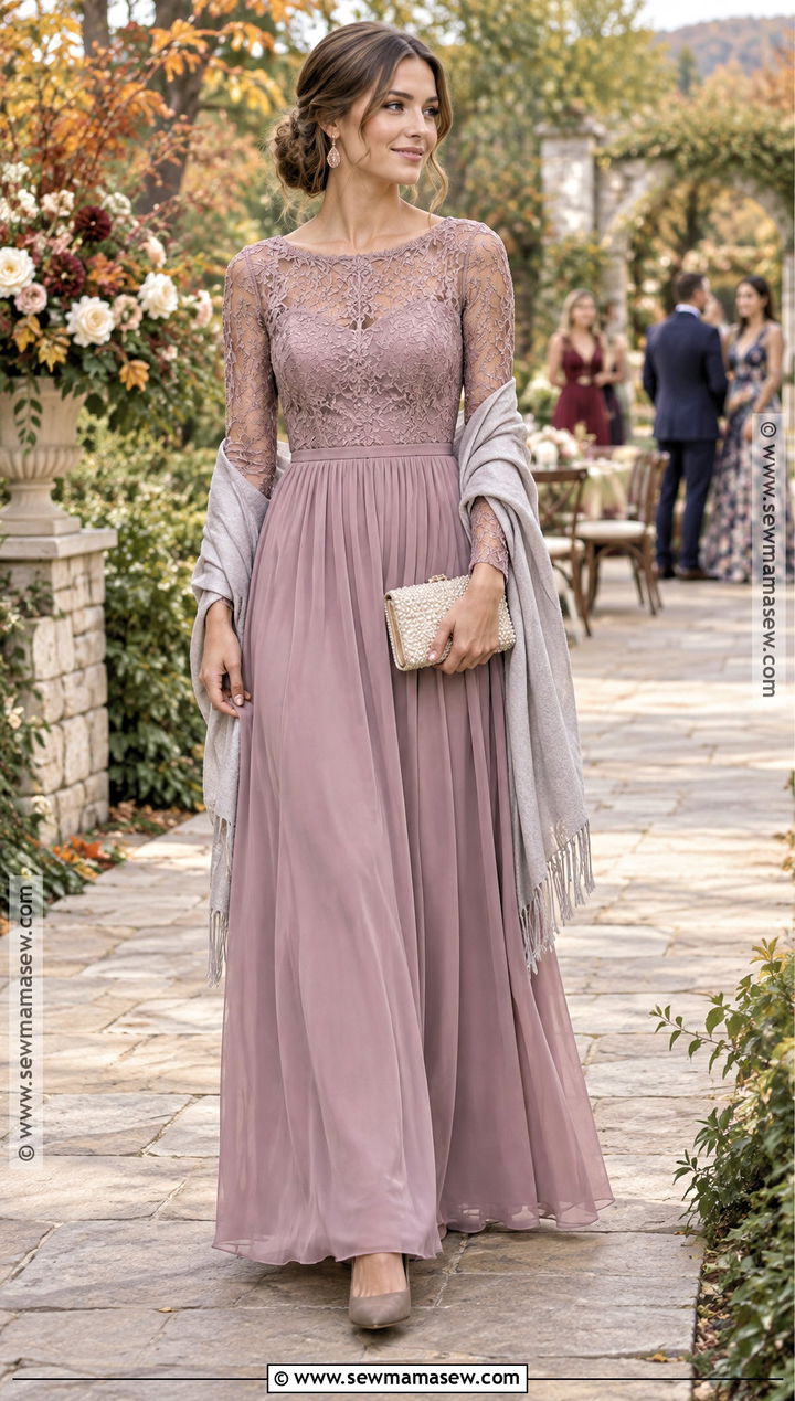 Mauve Lace Sleeve Maxi Dress Wedding Guest Outfit - 15 Long Dress Wedding Guest Fall Ideas