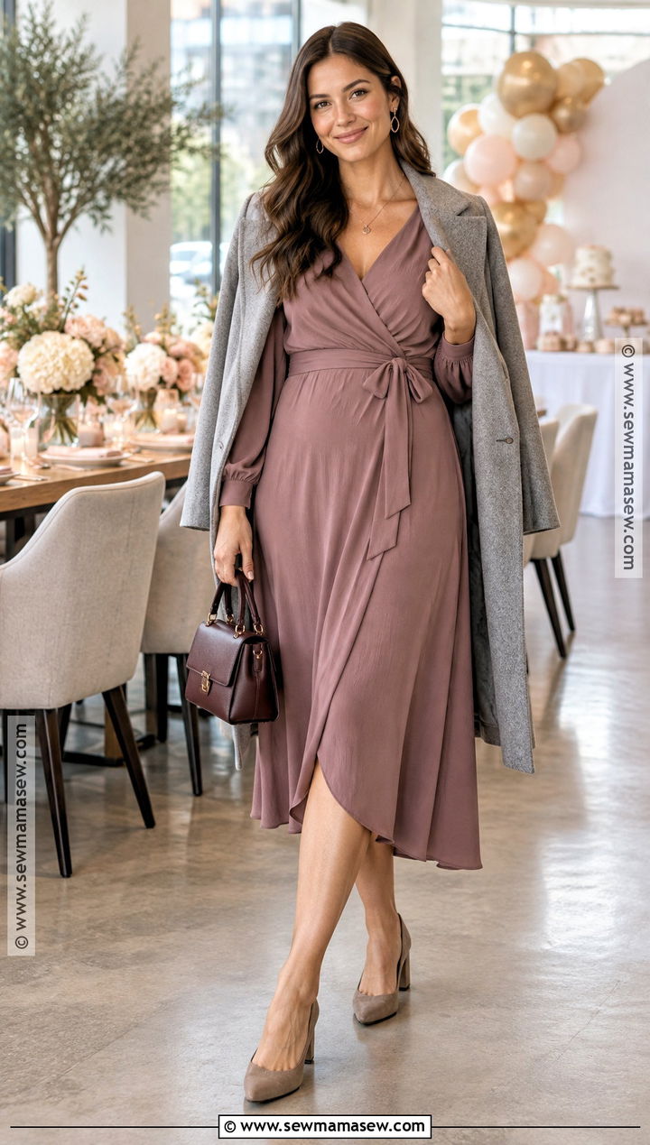 Mauve Long Sleeve Wrap Dress Outfit - 15 fall baby shower dress guest ideas