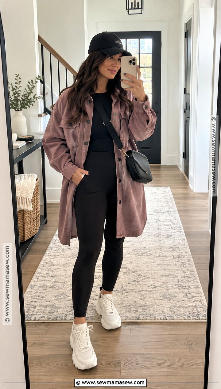 Mauve Shacket And Black Leggings Outfit - 20 purple fall outfit ideas
