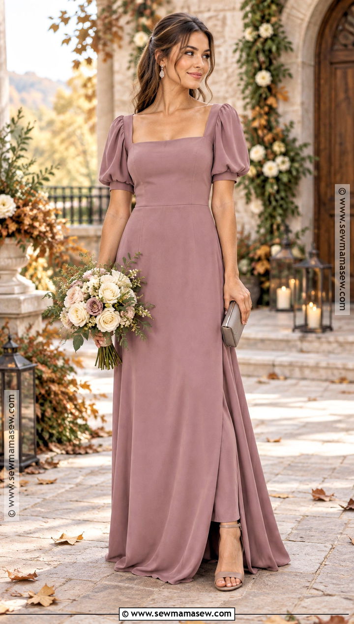 Mauve Square Neck Bridesmaid Dress - 20 autumn wedding dress bridesmaid ideas