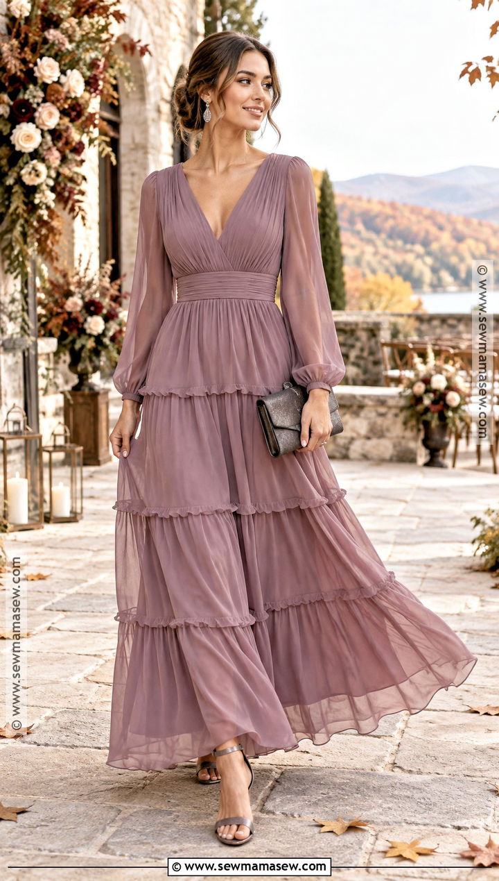 Mauve Tiered Fall Wedding Guest Dress - 25 fall dresses to wear to a wedding