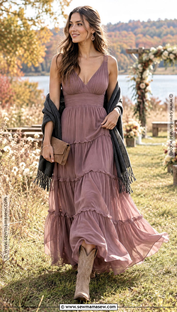 Mauve Tiered Maxi Dress With Cowboy Boots - 20 fall country wedding guest outfit ideas