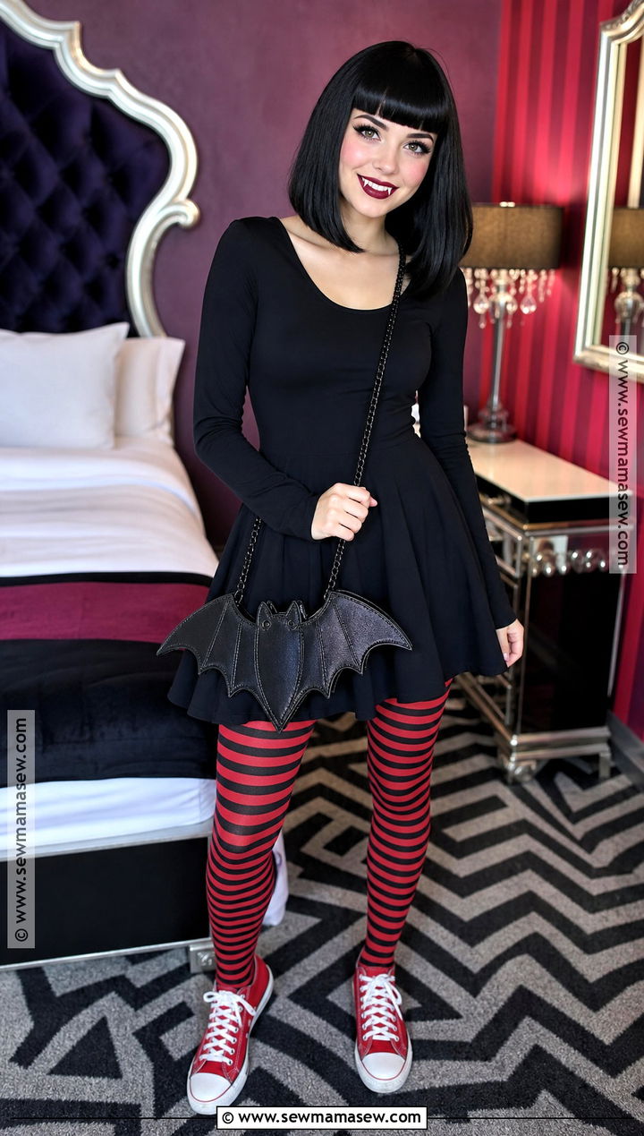 Mavis Dracula Costume With Striped Tights - 30 black dress halloween costume ideas