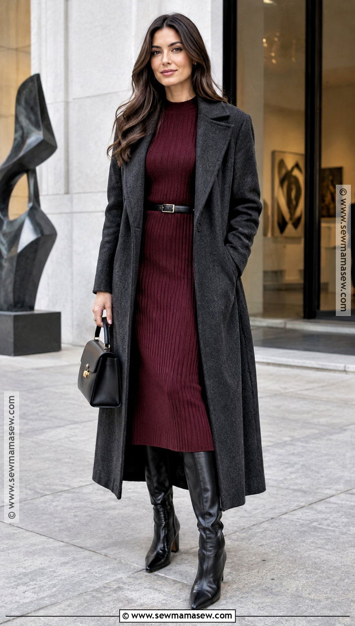 Maxi Coat With Sweater Dress And Knee Boots - 20 autumn outfits coat
