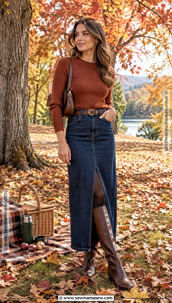 Maxi Denim Skirt And Sweater Picnic Outfit - 25 autumn picnic outfit ideas