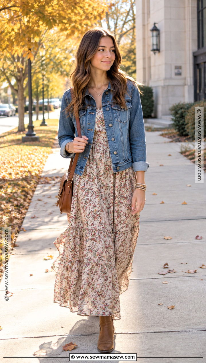 Maxi Dress And Denim Jacket Church Outfit - 20 Cute Fall Church Outfits for Teens