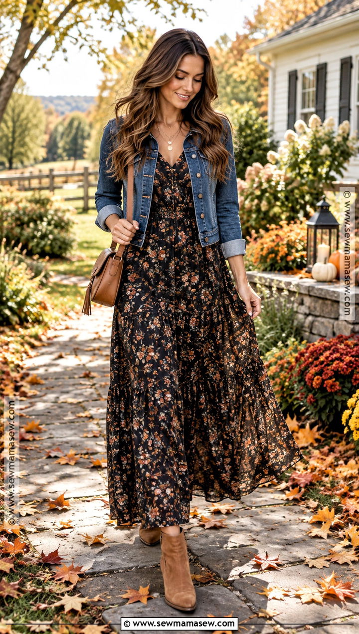 Maxi Dress And Denim Jacket Fall Party Outfit - 15 Outdoor Fall Party Outfit Ideas