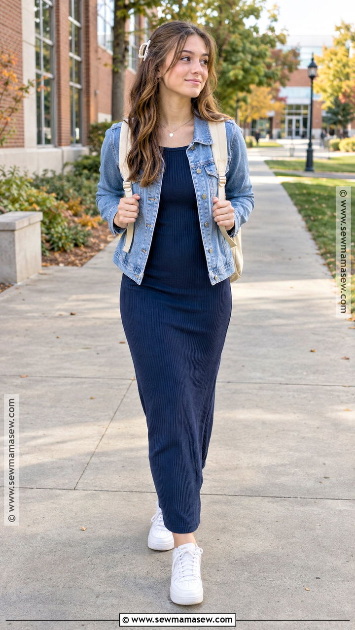 Maxi Dress Denim Jacket And Sneakers Outfit - 20 back to school outfits junior year