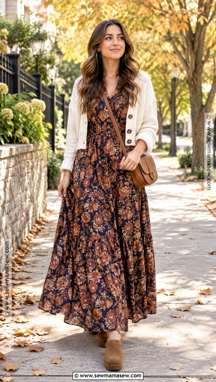 Maxi Dress Lightweight Cardigan And Clogs Fall Outfit - 20 Outfits For Warm Fall Days