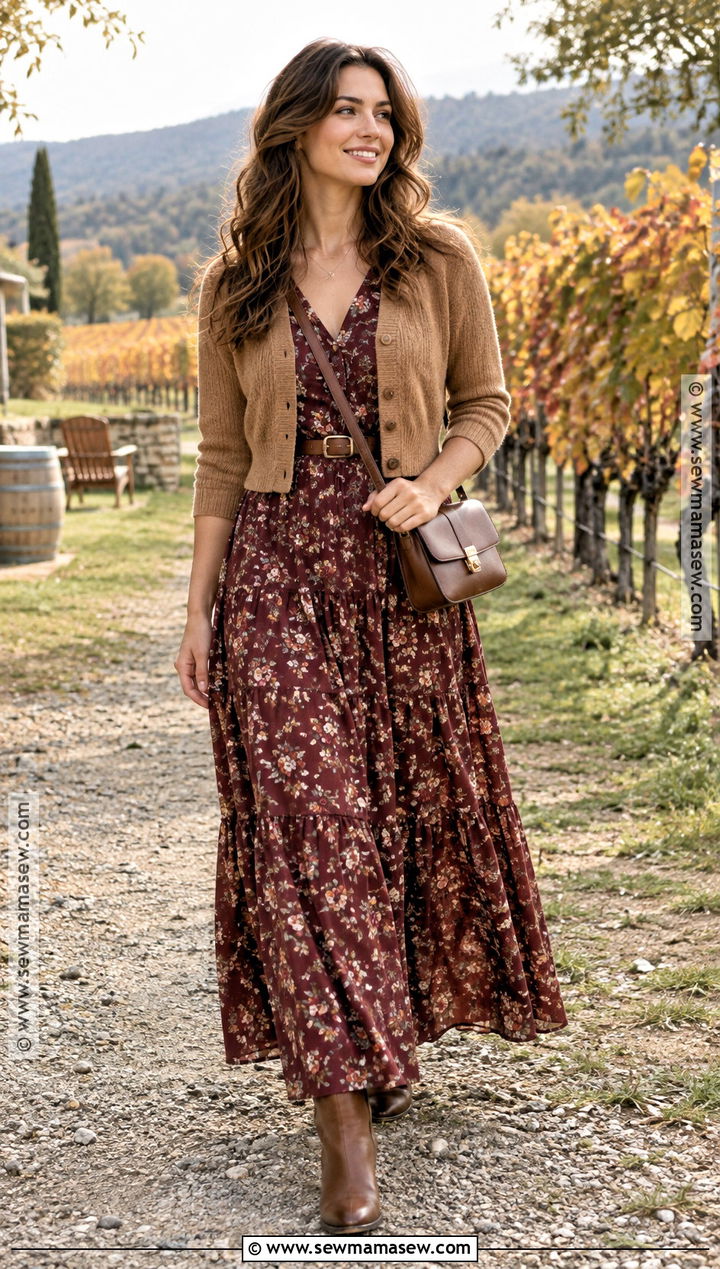 Maxi Dress Winery Outfit With Cropped Cardigan - 15 Outfits For A Winery Fall