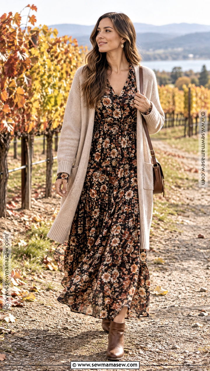 Maxi Dress Winery Outfit With Long Cardigan - 20 Winery Outfit Fall Wine Tasting Ideas